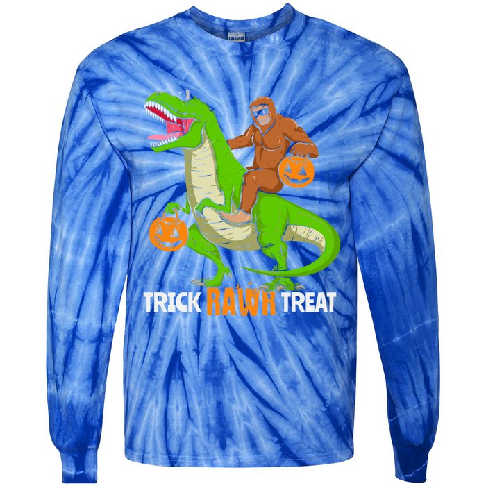 Trick Rawr Treat Bigfoot Riding A Trex Dino Halloween Gift Tie-Dye Long Sleeve Shirt