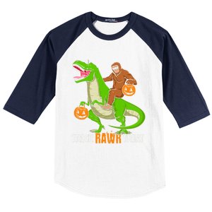 Trick Rawr Treat Bigfoot Riding A Trex Dino Halloween Gift Baseball Sleeve Shirt