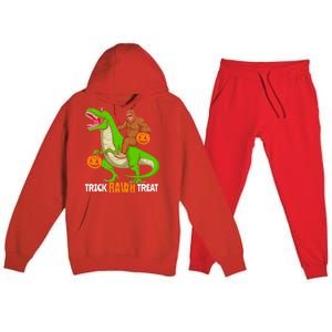 Trick Rawr Treat Bigfoot Riding A Trex Dino Halloween Gift Premium Hooded Sweatsuit Set