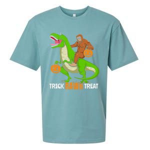 Trick Rawr Treat Bigfoot Riding A Trex Dino Halloween Gift Sueded Cloud Jersey T-Shirt