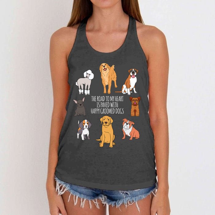 The Road To My Heart Is Paved With Happy Groomed Dogs Grooming Groomer Women's Knotted Racerback Tank