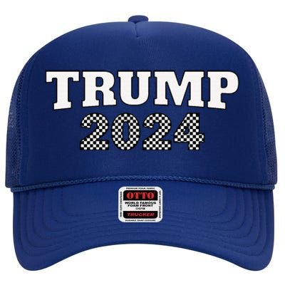 Trump Racing Theme 2024 Checker High Crown Mesh Back Trucker Hat