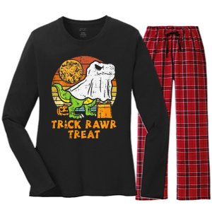 Trick Rawr Treat Ghost Dino Trex Halloween Women's Long Sleeve Flannel Pajama Set 