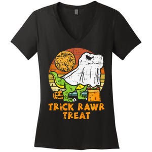 Trick Rawr Treat Ghost Dino Trex Halloween Women's V-Neck T-Shirt