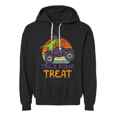 Trick Rawr Treat Dinosaur Monster Truck Halloween Garment-Dyed Fleece Hoodie