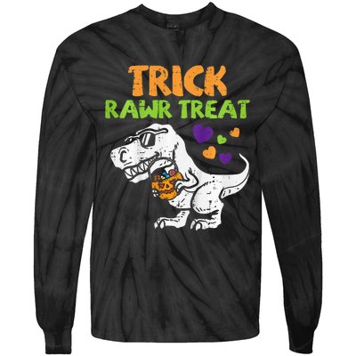 Trick Rawr Treat Dinosaur Trex Halloween Tie-Dye Long Sleeve Shirt