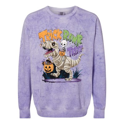 Trick Rawr Treat Halloween Skeleton Mummy Dinosaur T Rex Great Gift Colorblast Crewneck Sweatshirt