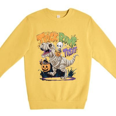 Trick Rawr Treat Halloween Skeleton Mummy Dinosaur T Rex Great Gift Premium Crewneck Sweatshirt