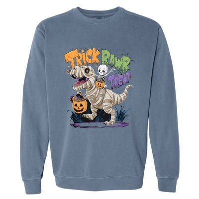 Trick Rawr Treat Halloween Skeleton Mummy Dinosaur T Rex Great Gift Garment-Dyed Sweatshirt