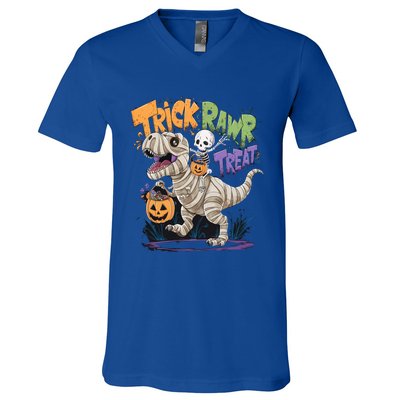 Trick Rawr Treat Halloween Skeleton Mummy Dinosaur T Rex Great Gift V-Neck T-Shirt