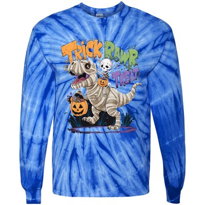 Trick Rawr Treat Halloween Skeleton Mummy Dinosaur T Rex Great Gift Tie-Dye Long Sleeve Shirt