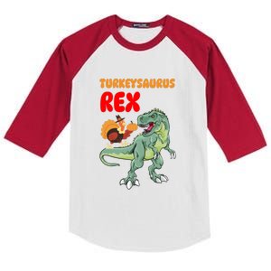 Turkeysaurus Rex Turkey Dino Thanksgiving Kids Colorblock Raglan Jersey