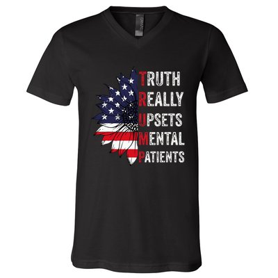 Truth Really Upsets Mental Patients Usa Patriotic Sunflower V-Neck T-Shirt