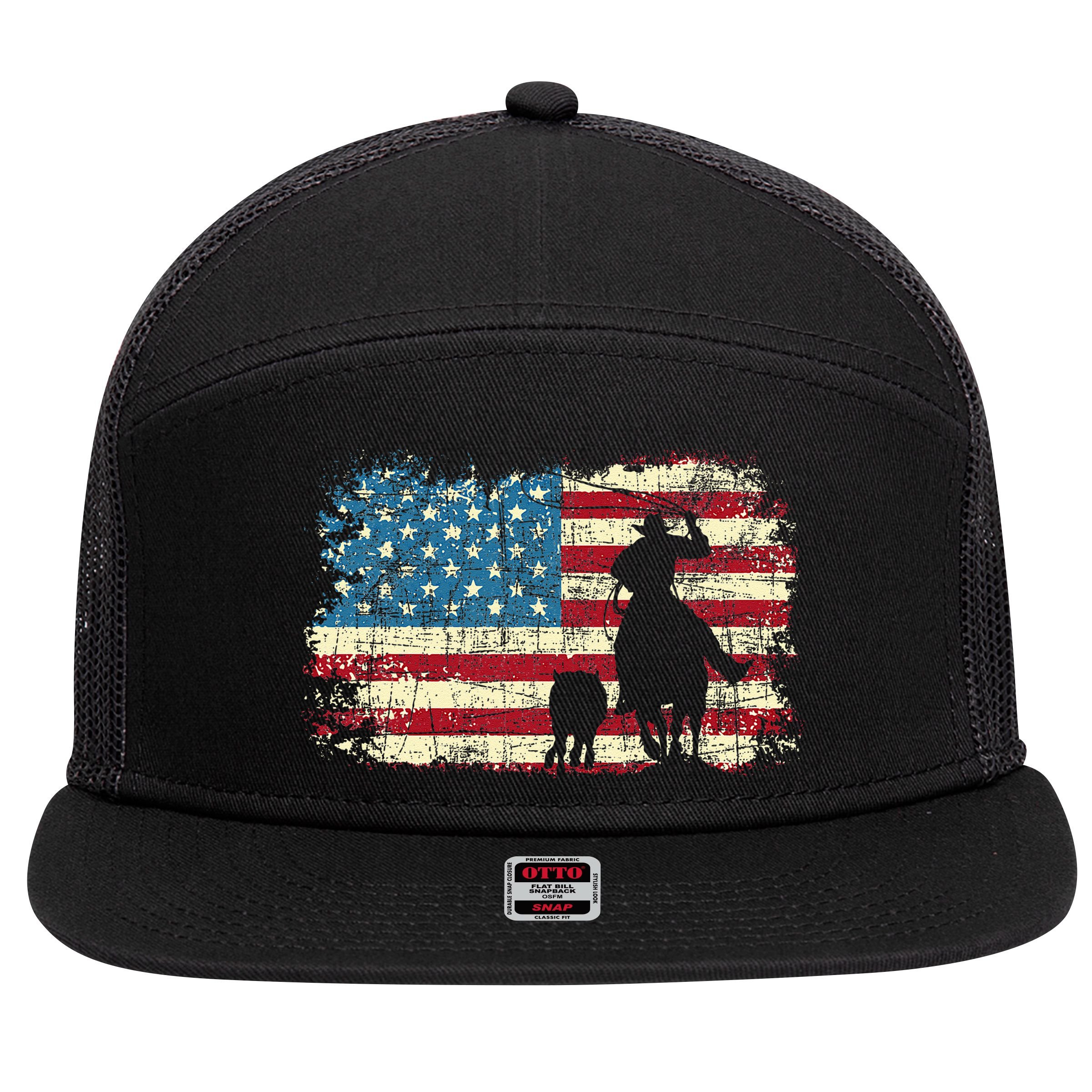 Team Roping USA Flag Cowboy Cowgirl Rancher Heading Heeler 7 Panel Mesh Trucker Snapback Hat