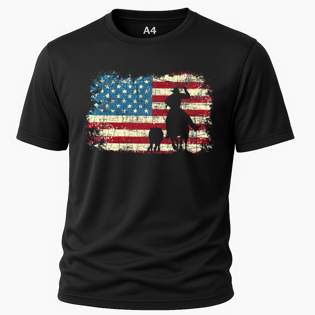 Team Roping USA Flag Cowboy Cowgirl Rancher Heading Heeler Cooling Performance Crew T-Shirt
