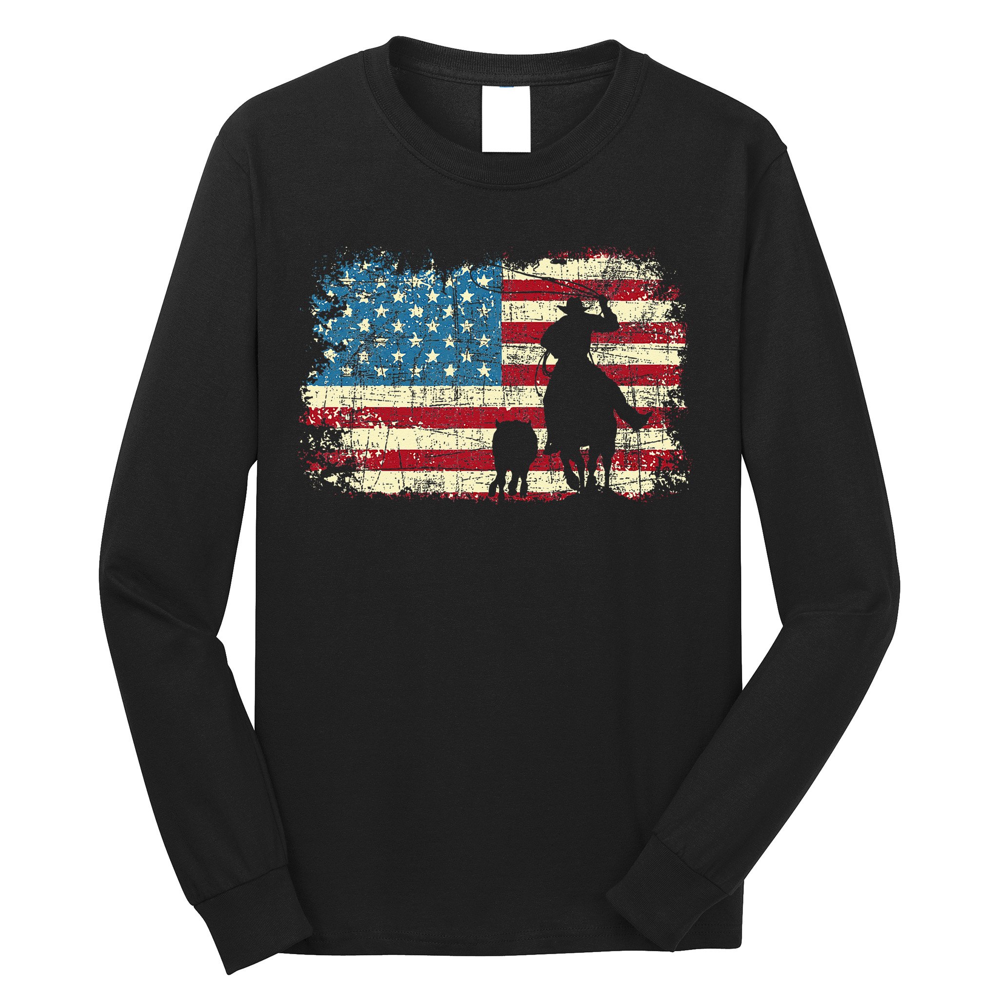 Team Roping USA Flag Cowboy Cowgirl Rancher Heading Heeler Long Sleeve Shirt