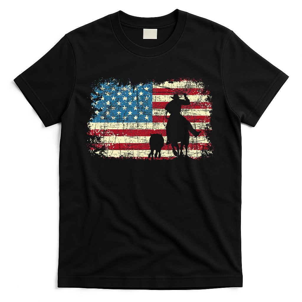 Team Roping USA Flag Cowboy Cowgirl Rancher Heading Heeler T-Shirt