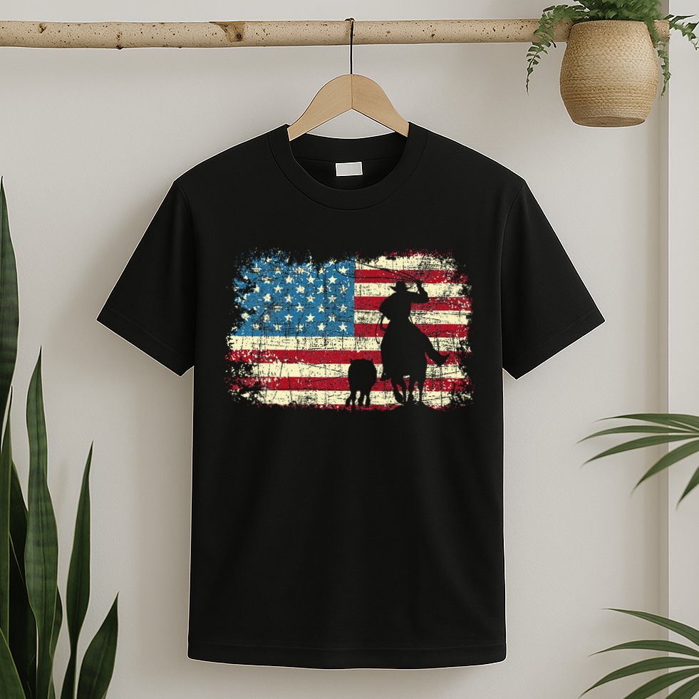 Team Roping USA Flag Cowboy Cowgirl Rancher Heading Heeler T-Shirt