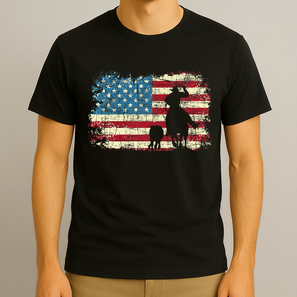 Team Roping USA Flag Cowboy Cowgirl Rancher Heading Heeler T-Shirt