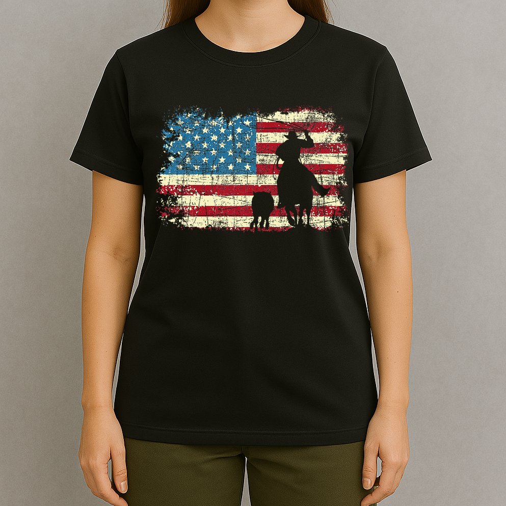 Team Roping USA Flag Cowboy Cowgirl Rancher Heading Heeler T-Shirt