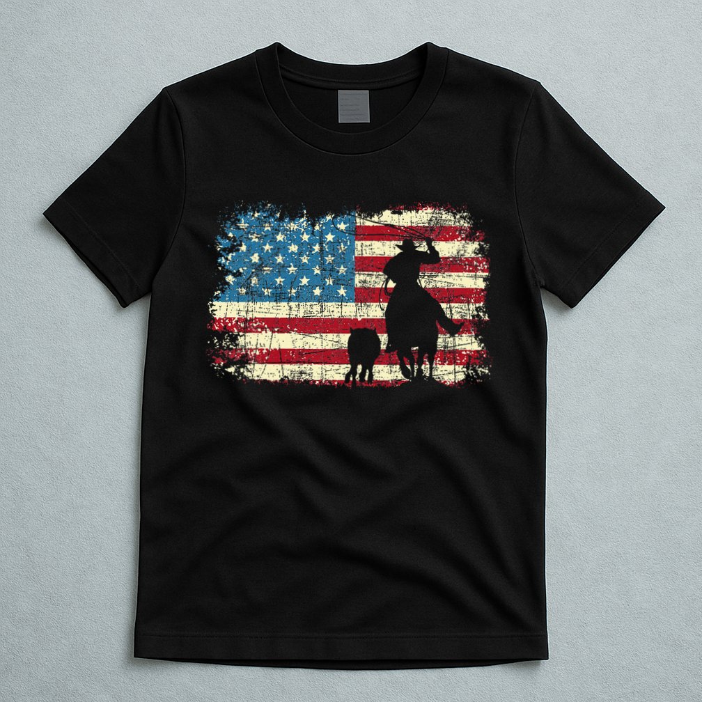 Team Roping USA Flag Cowboy Cowgirl Rancher Heading Heeler T-Shirt