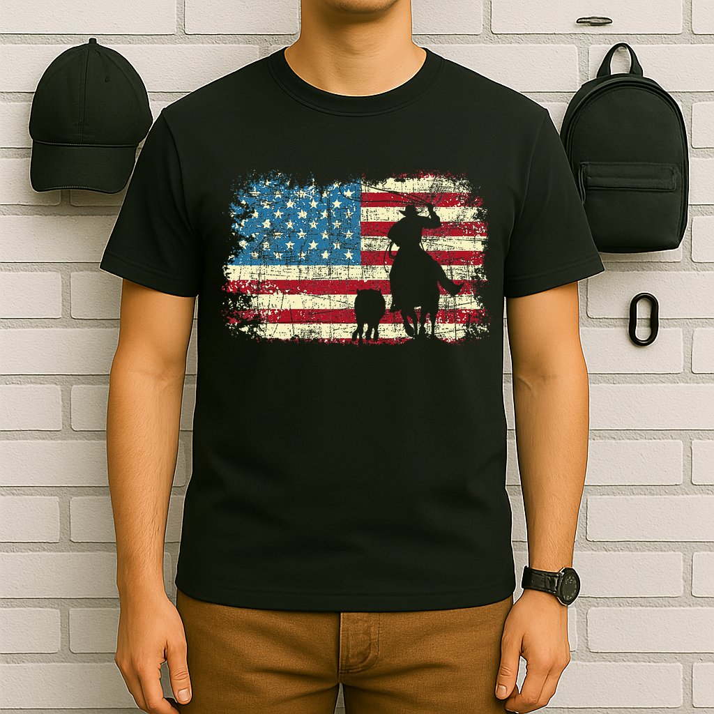 Team Roping USA Flag Cowboy Cowgirl Rancher Heading Heeler T-Shirt