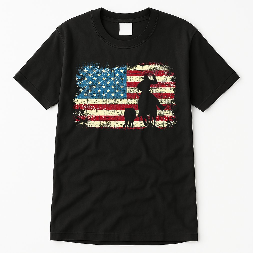 Team Roping USA Flag Cowboy Cowgirl Rancher Heading Heeler Tall T-Shirt