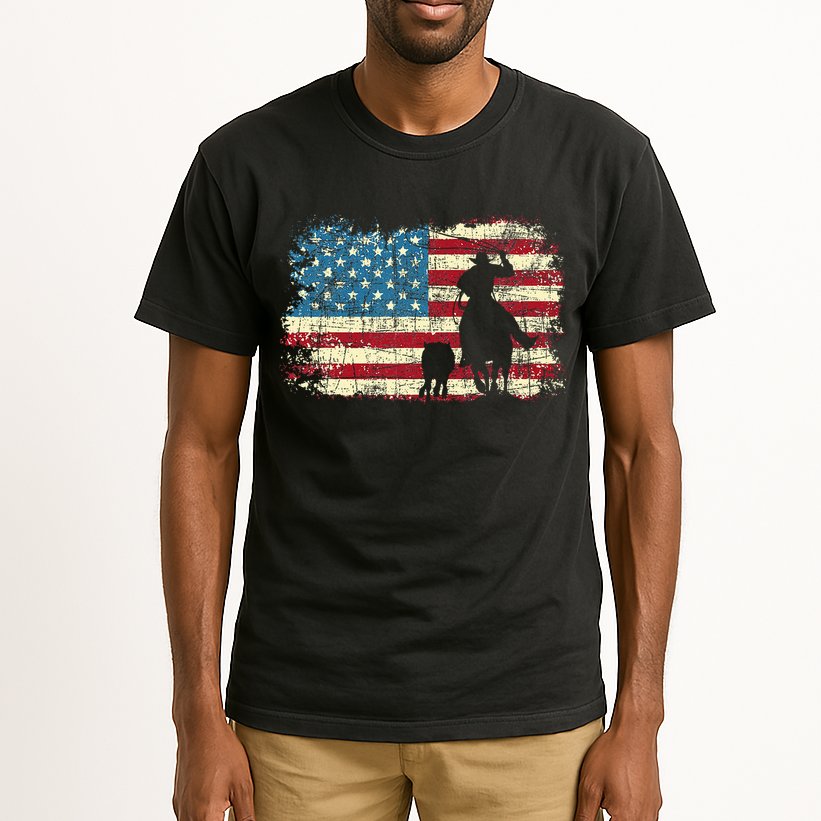 Team Roping USA Flag Cowboy Cowgirl Rancher Heading Heeler Tall T-Shirt