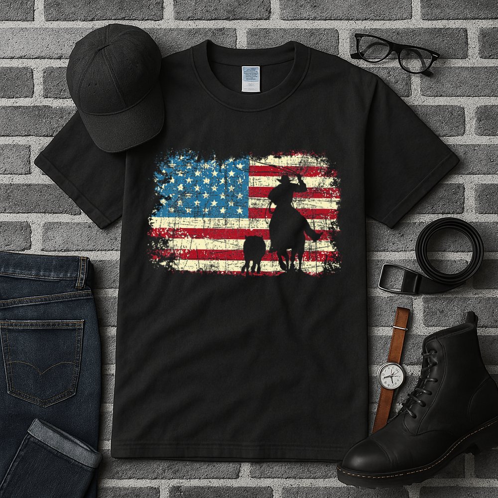 Team Roping USA Flag Cowboy Cowgirl Rancher Heading Heeler Tall T-Shirt