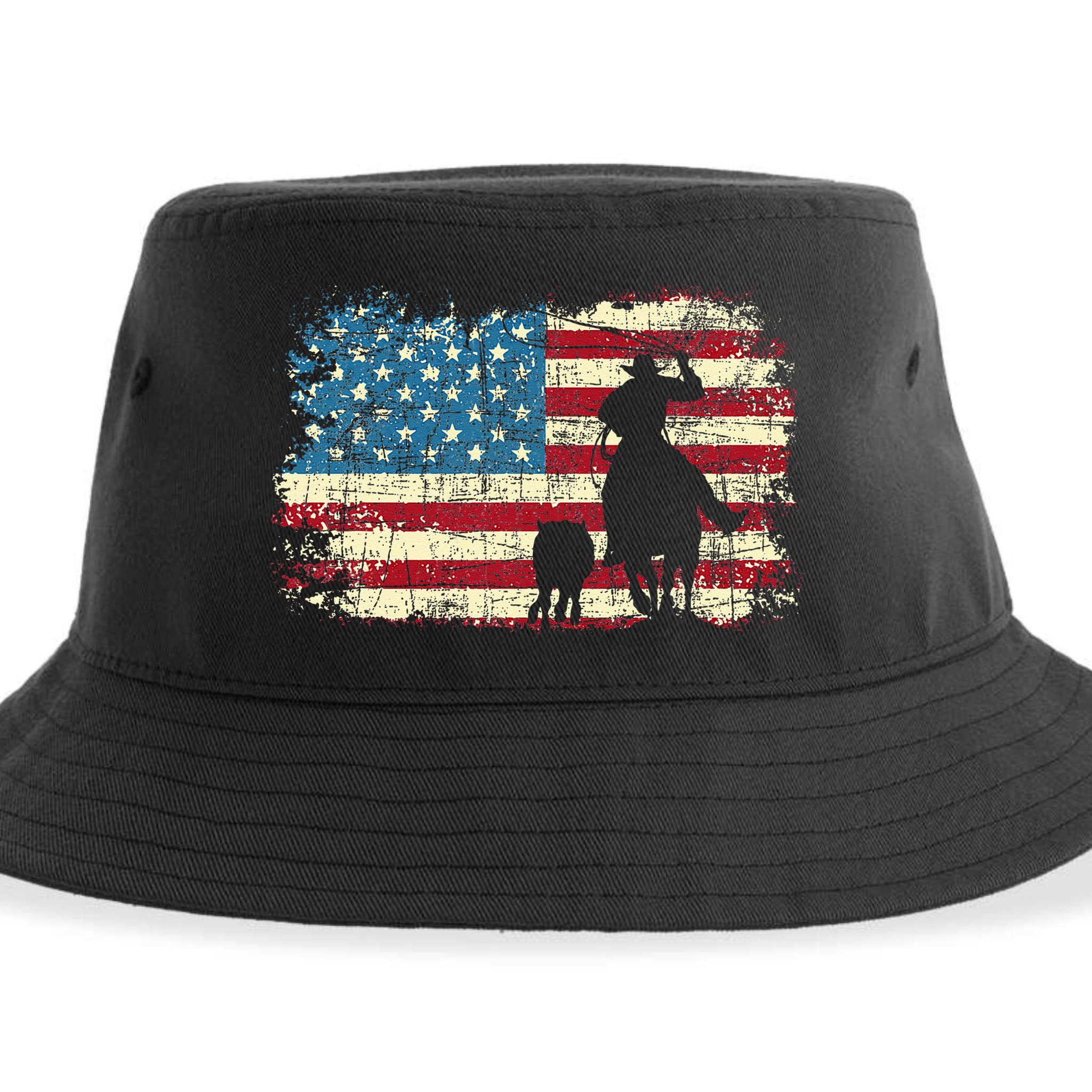 Team Roping USA Flag Cowboy Cowgirl Rancher Heading Heeler Sustainable Bucket Hat