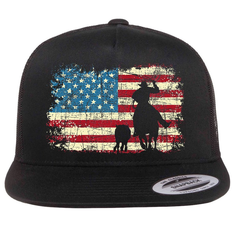 Team Roping USA Flag Cowboy Cowgirl Rancher Heading Heeler Flat Bill Trucker Hat