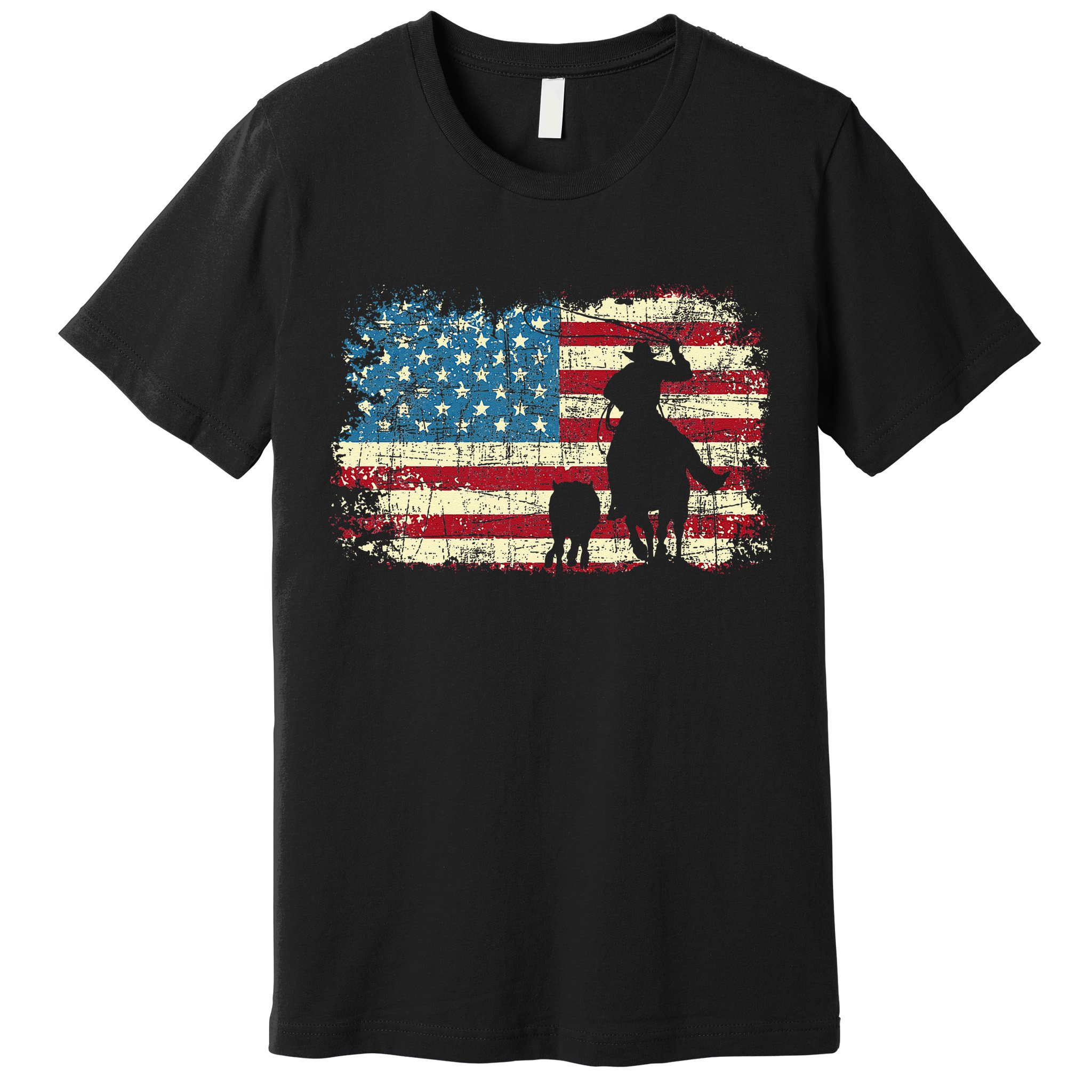 Team Roping USA Flag Cowboy Cowgirl Rancher Heading Heeler Premium T-Shirt