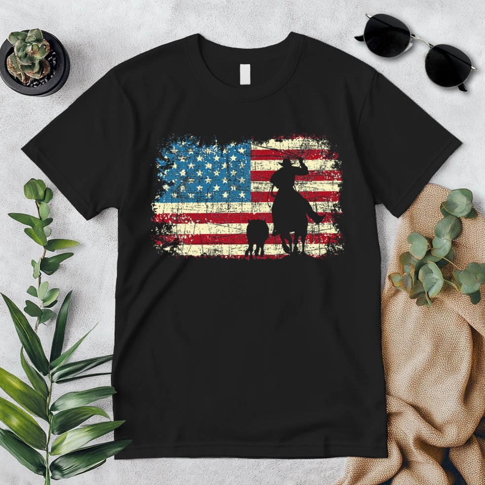 Team Roping USA Flag Cowboy Cowgirl Rancher Heading Heeler Premium T-Shirt