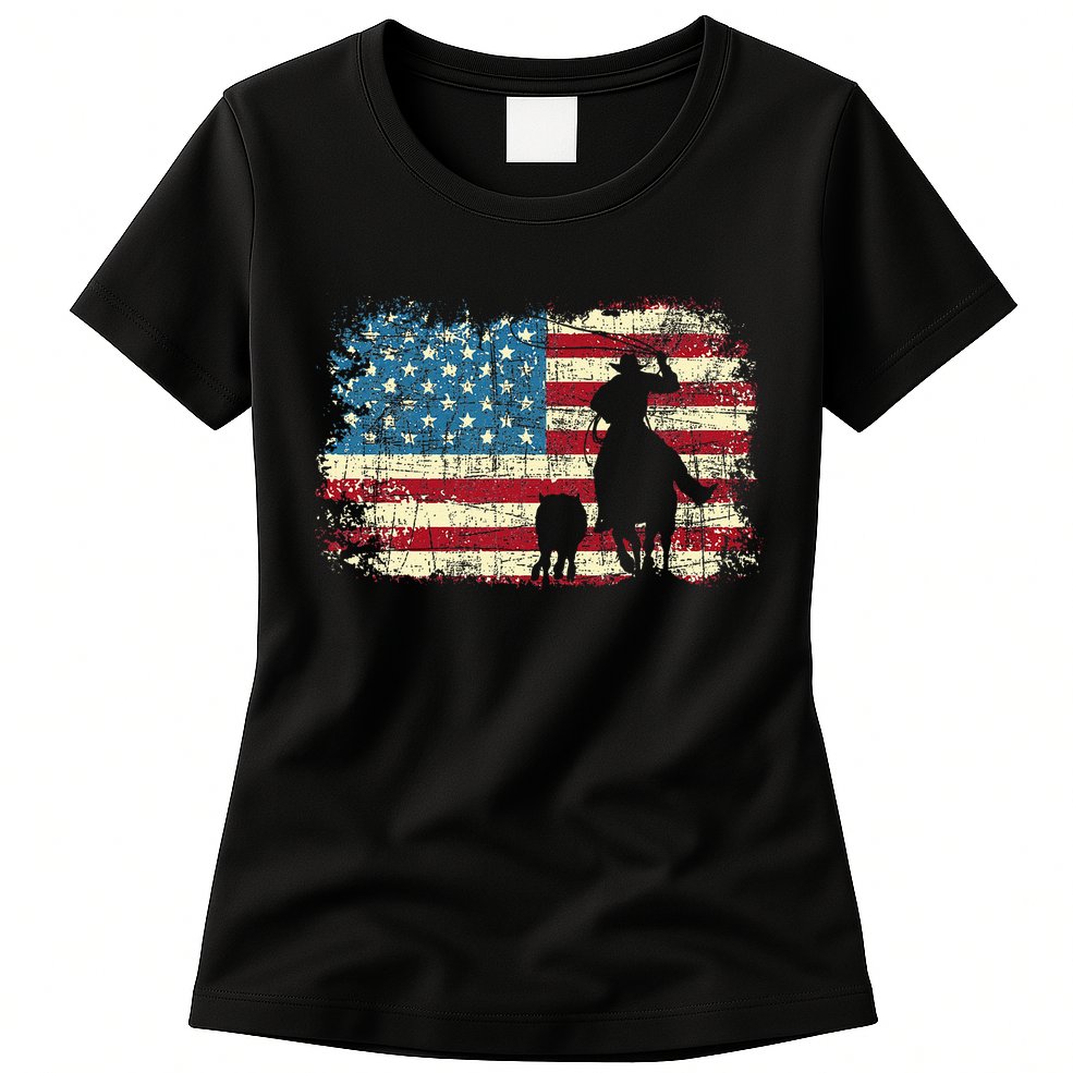 Team Roping USA Flag Cowboy Cowgirl Rancher Heading Heeler Womens T-Shirt