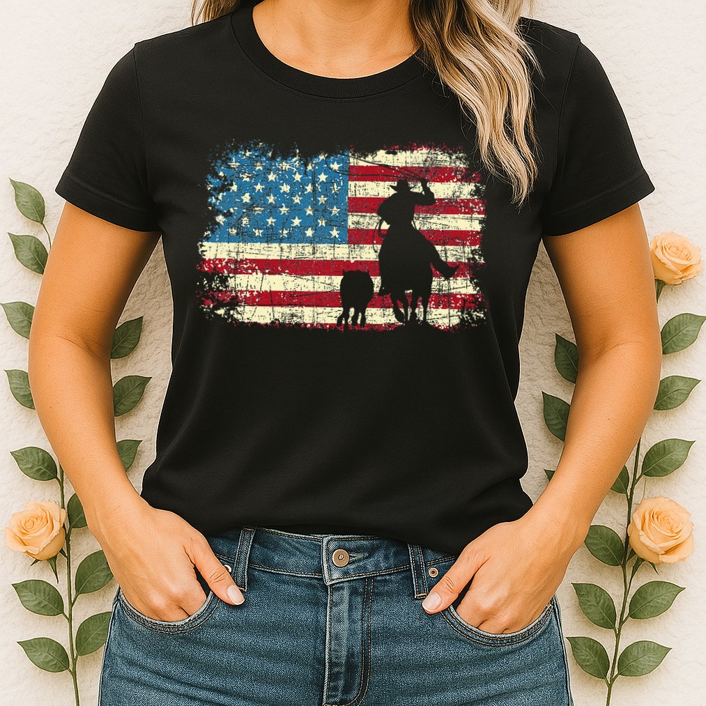 Team Roping USA Flag Cowboy Cowgirl Rancher Heading Heeler Womens T-Shirt