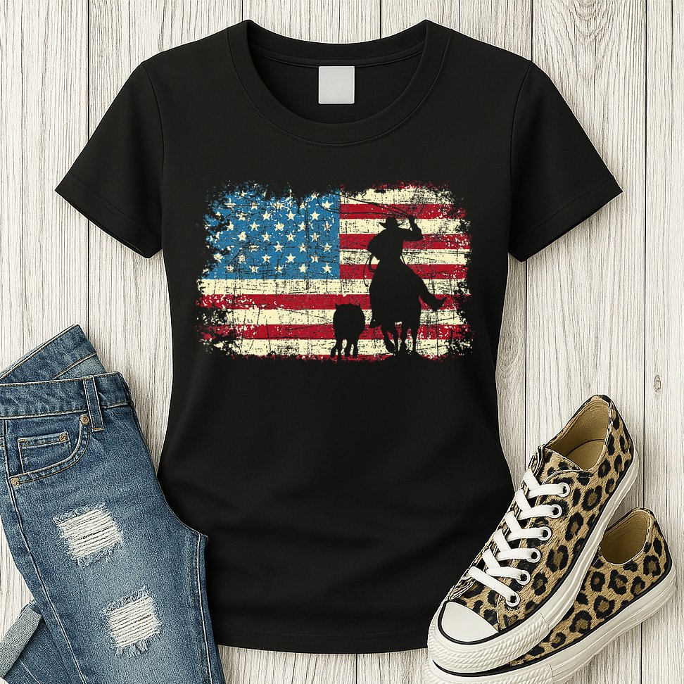 Team Roping USA Flag Cowboy Cowgirl Rancher Heading Heeler Womens T-Shirt