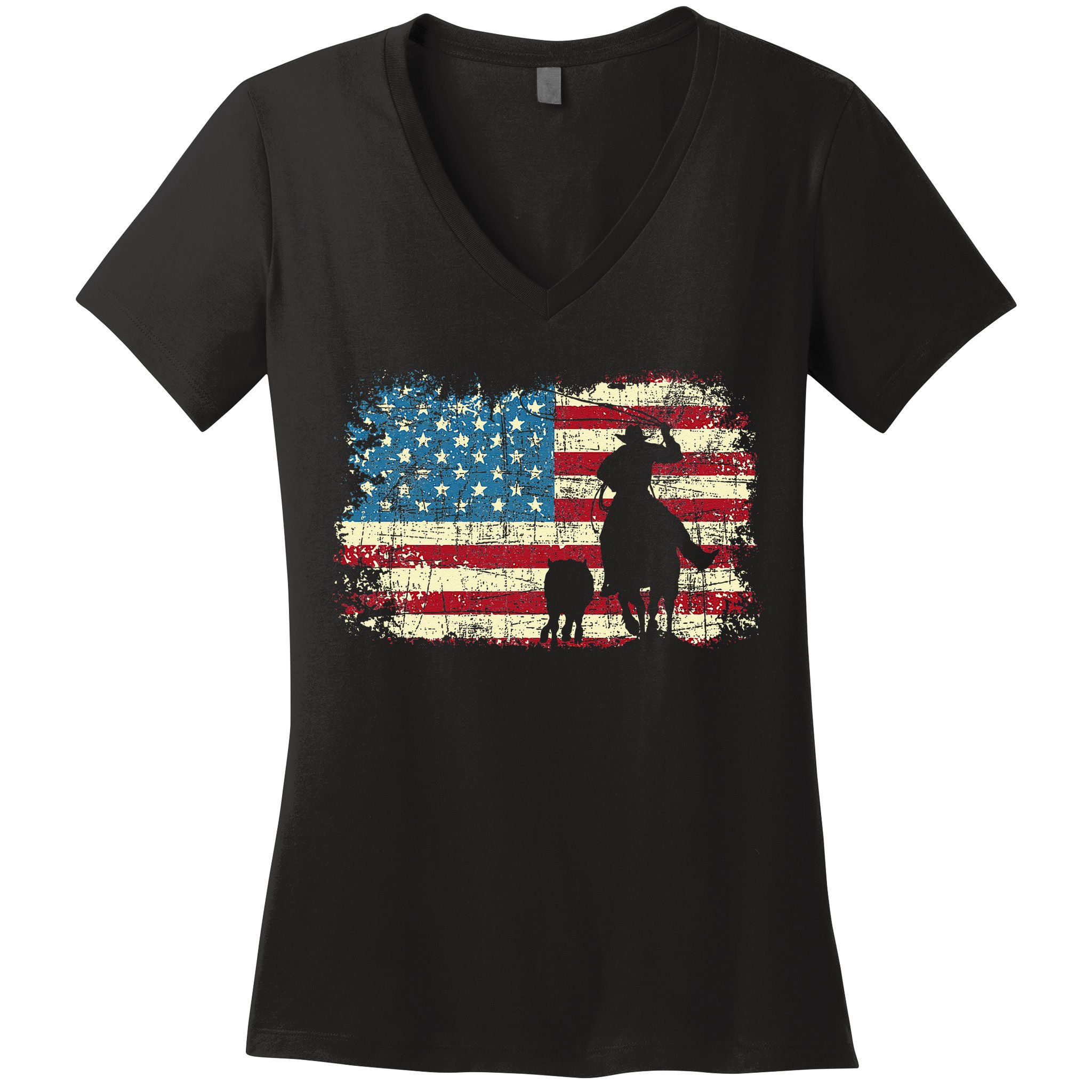 Team Roping USA Flag Cowboy Cowgirl Rancher Heading Heeler Women's V-Neck T-Shirt