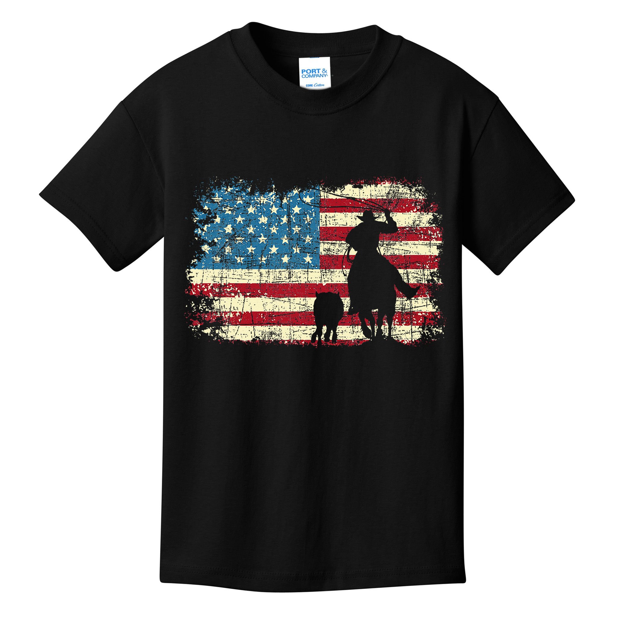 Team Roping USA Flag Cowboy Cowgirl Rancher Heading Heeler Kids T-Shirt