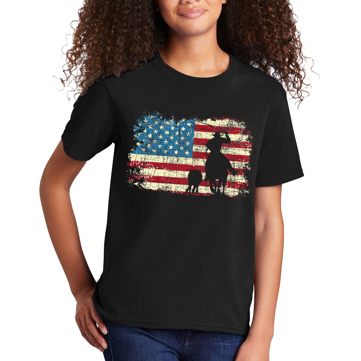 Team Roping USA Flag Cowboy Cowgirl Rancher Heading Heeler Kids T-Shirt