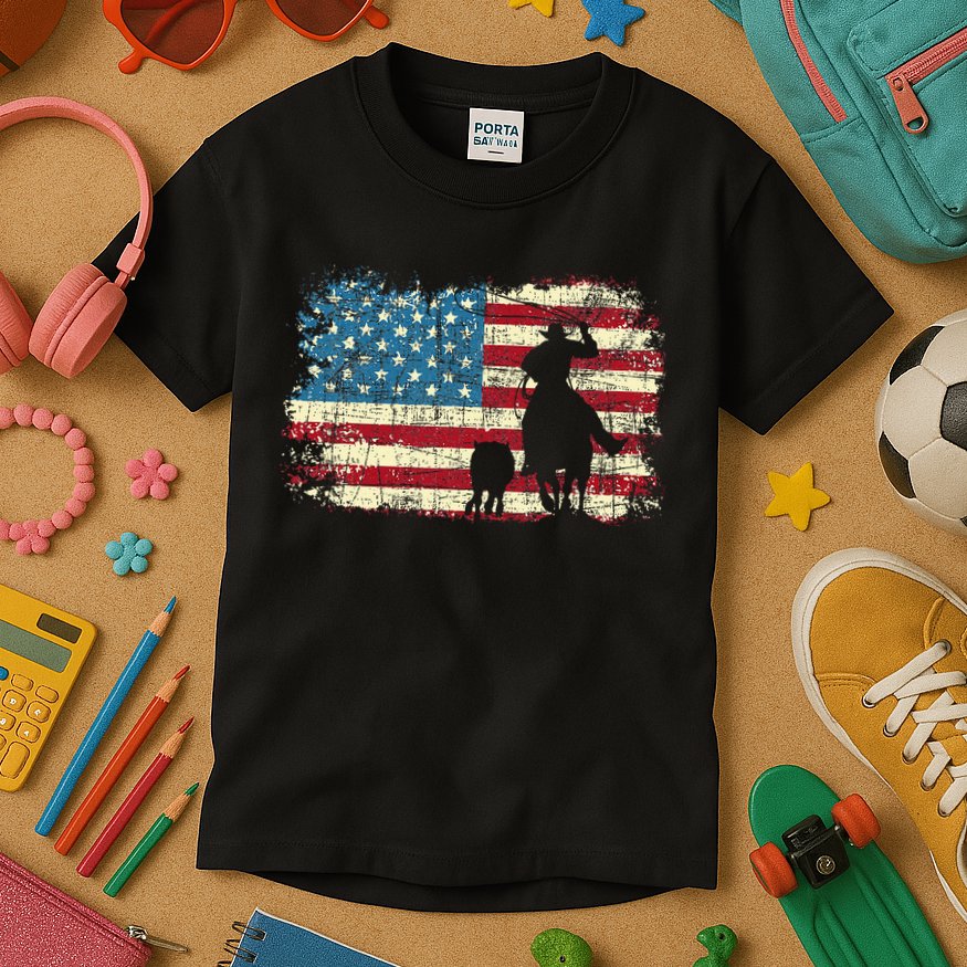 Team Roping USA Flag Cowboy Cowgirl Rancher Heading Heeler Kids T-Shirt