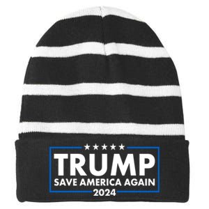 Trumo Save America Again 2024 Election Logo Striped Beanie with Solid Band