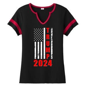 Trump 2024 Election Distressed US Flag Ladies Halftime Notch Neck Tee