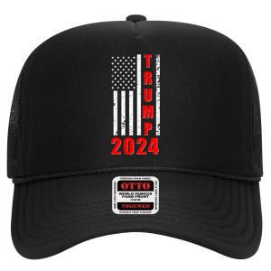 Trump 2024 Election Distressed US Flag High Crown Mesh Back Trucker Hat