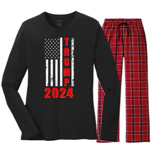 Trump 2024 Election Distressed US Flag Women's Long Sleeve Flannel Pajama Set 