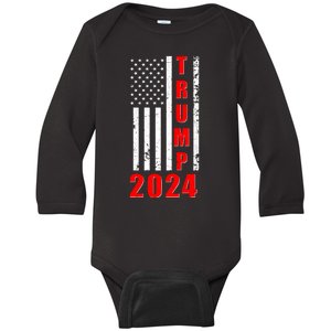 Trump 2024 Election Distressed US Flag Baby Long Sleeve Bodysuit