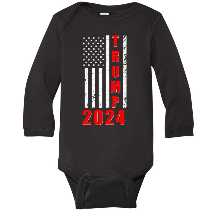 Trump 2024 Election Distressed US Flag Baby Long Sleeve Bodysuit