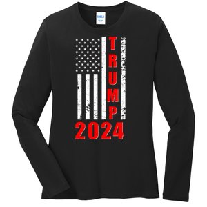 Trump 2024 Election Distressed US Flag Ladies Long Sleeve Shirt