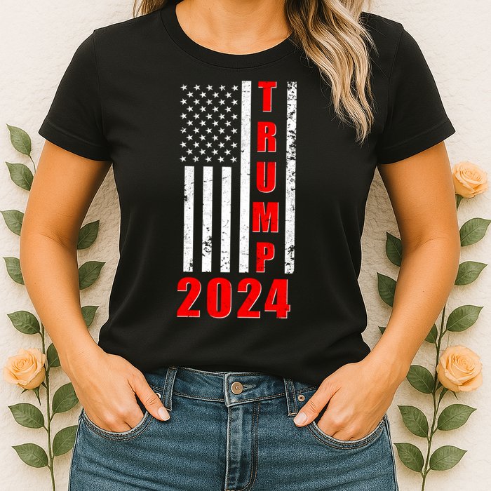 Trump 2024 Election Distressed US Flag Womens T-Shirt