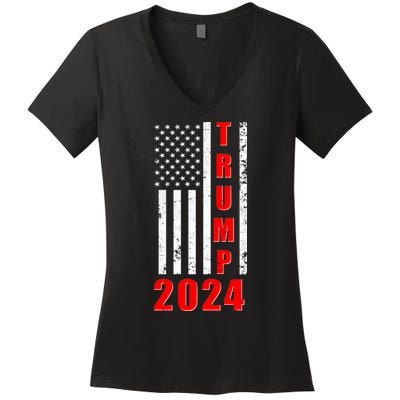 Trump 2024 Election Distressed US Flag Women's V-Neck T-Shirt