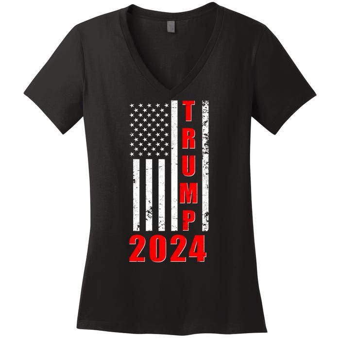 Trump 2024 Election Distressed US Flag Women's V-Neck T-Shirt